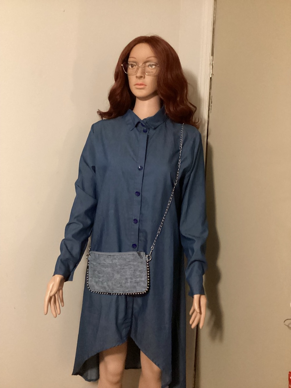 Blue Button-Up Shirt Dress with Purse